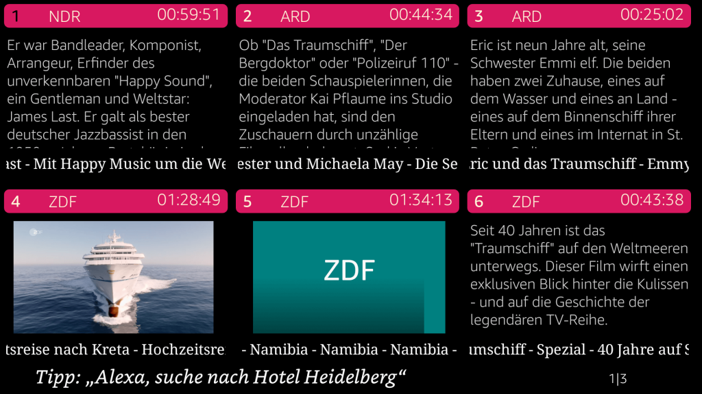 Alexa-Skill Rosenzeit: Sendungen zum Stichwort Traumschiff (Screenshot: artofsmart.de)